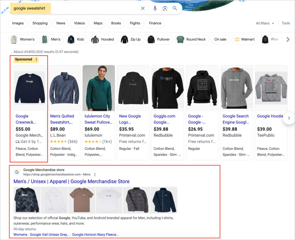 google merchandise store in serp