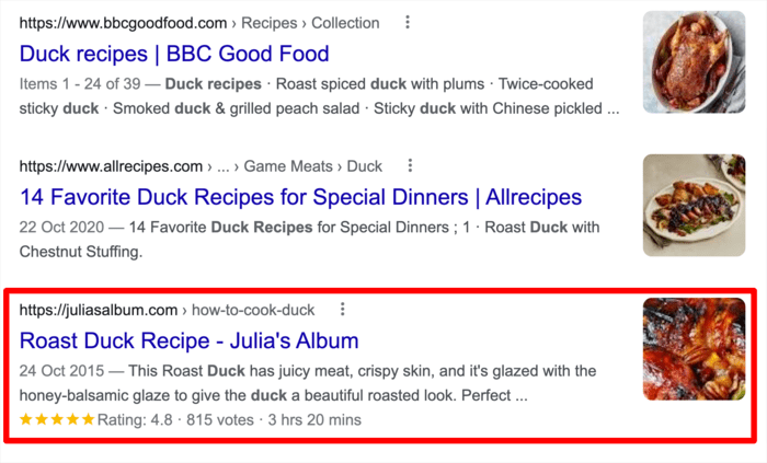 Example of rich snippets for duck recipe.

How to Optimize for Google’s SERPs Rich Snippets