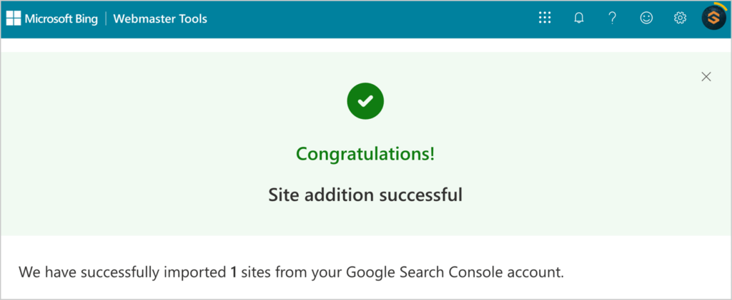 site addition success message bing webmaster tools 