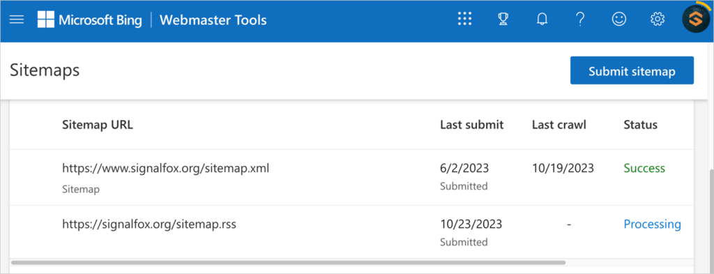 bing webmaster tools list of sitemaps