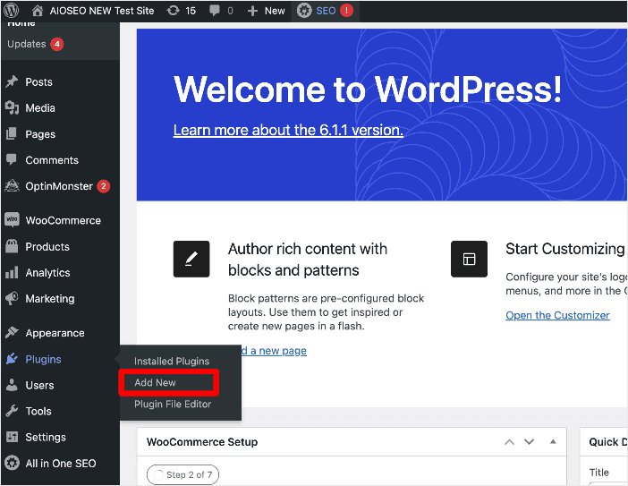 Adding a plugin from the WordPress menu.
