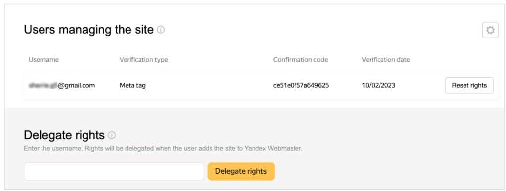 yandex webmaster tools username and delegate rights