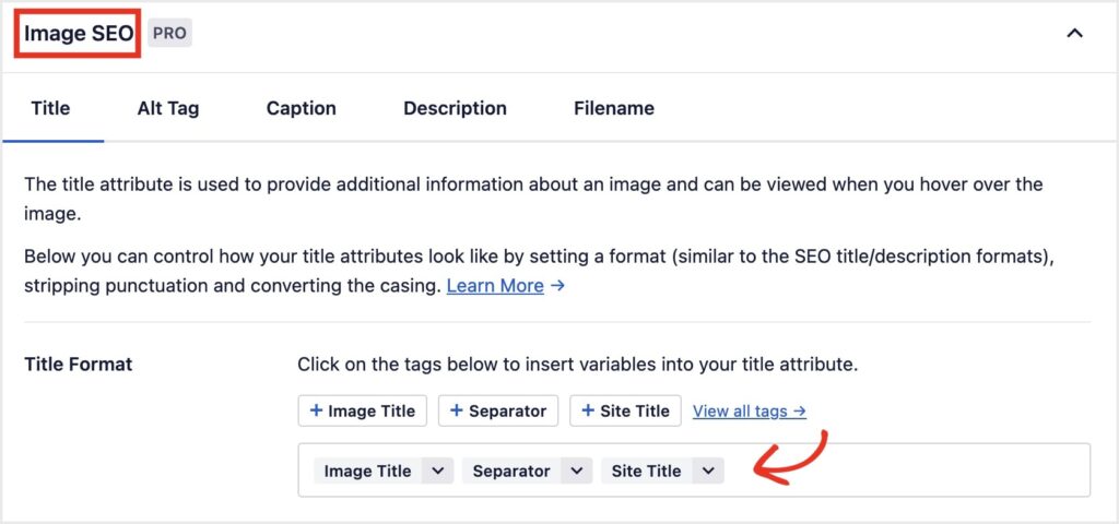 AIOSEO's Image SEO module lets you use smart tags to automate image optimizations like titles and alt tags.
