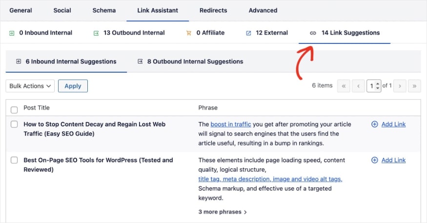 Inbound internal linking suggestions from Link Assistant in AIOSEO.