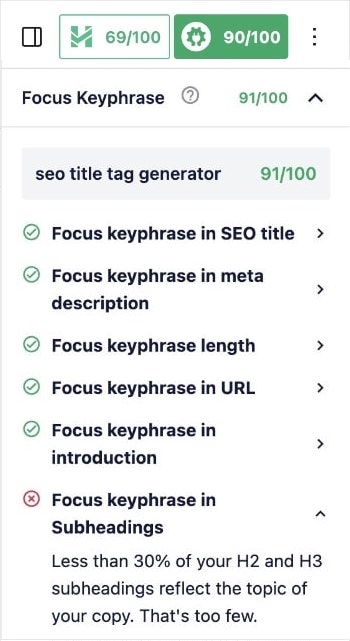 TruSEO checklists shows where your focus keyphrase is positioned correctly and where it needs to be added in your content.