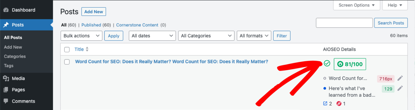 すべての投稿画面に表示される AIOSEO の詳細列