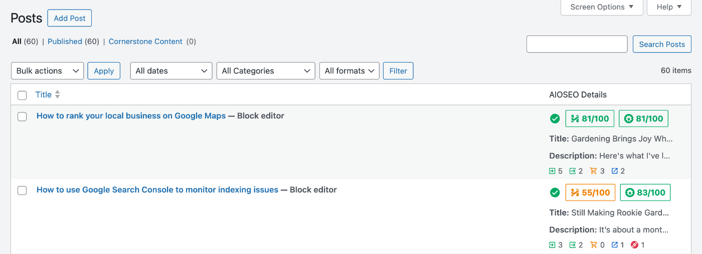 AIOSEO Details column shown on the All Posts screen