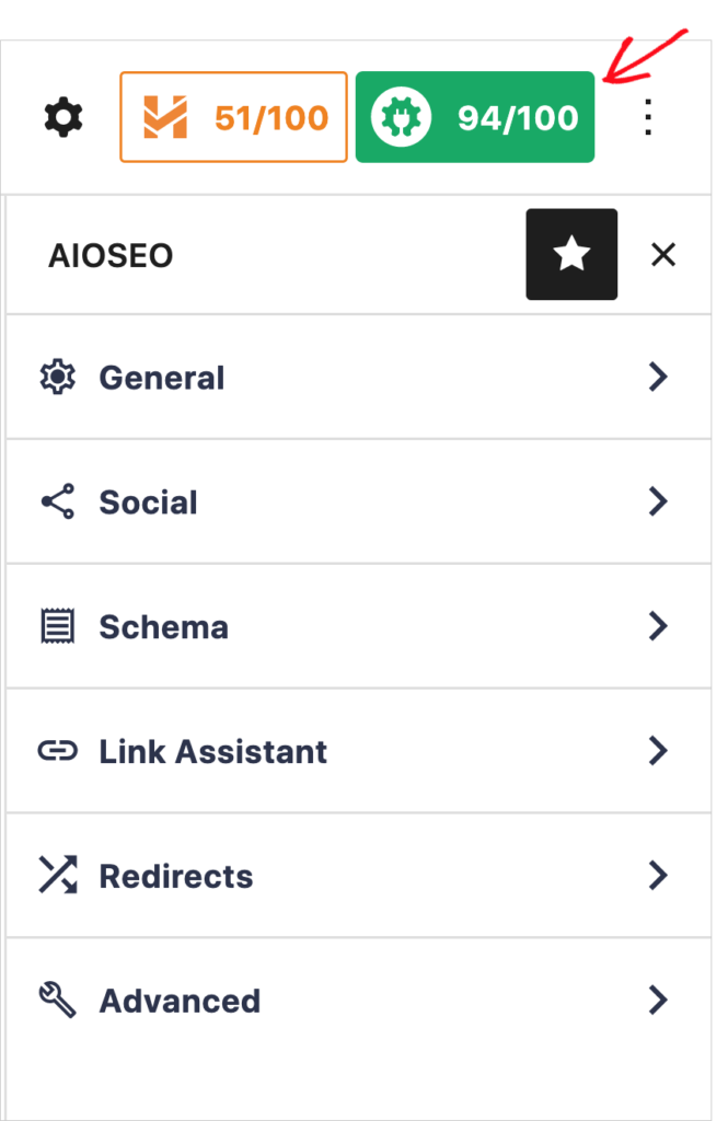 aioseo sidebar with seo score highlighted