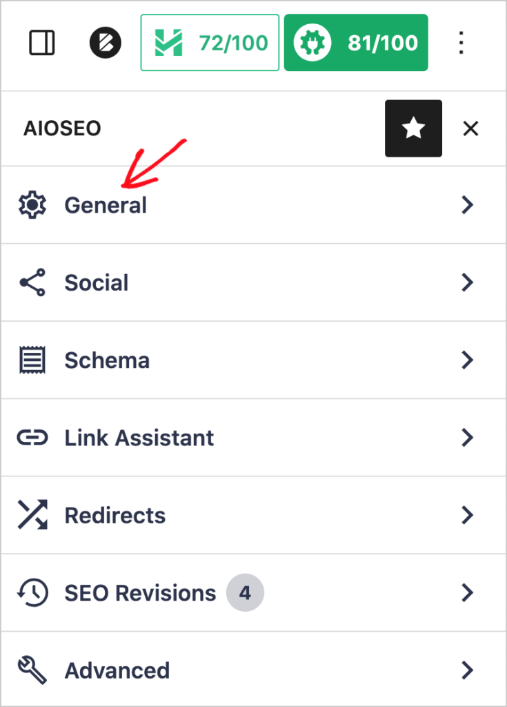 aioseo sidebar with general tab highlighted
