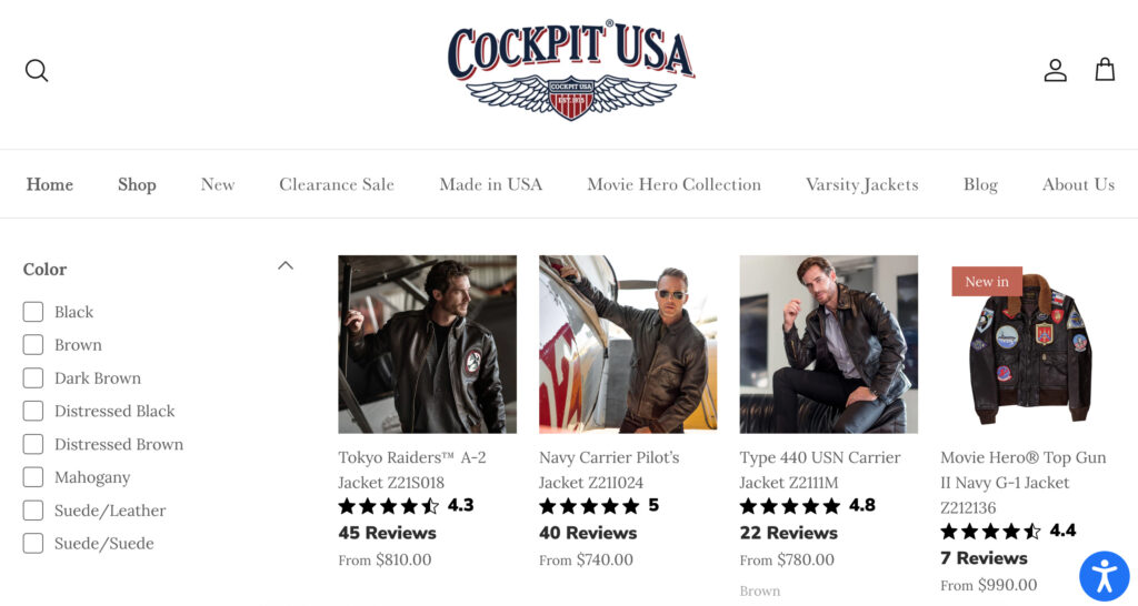 cockpit usa landing page for leather jackets