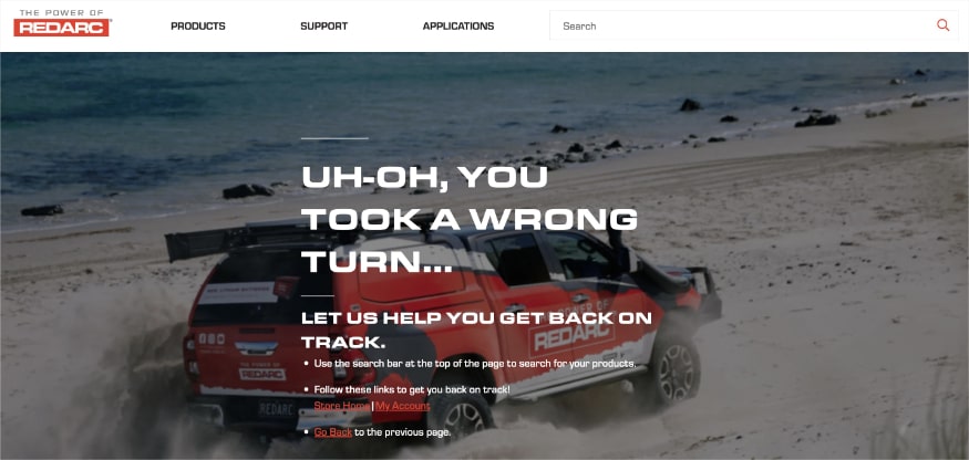 Custom 404 page on Redarc Electronics' website 