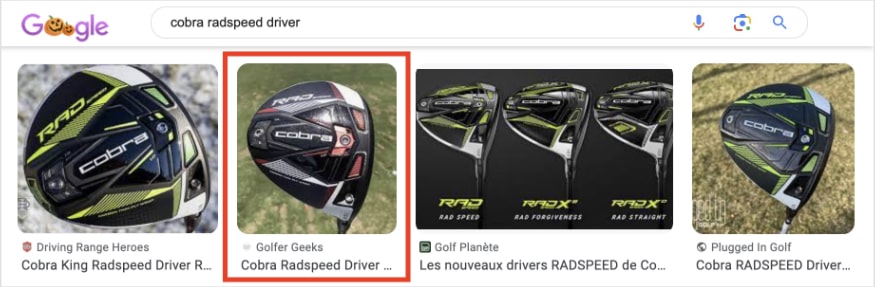 Example of how Golfer Geeks ranks in Google image saarch for the query "cobra radspeed driver."