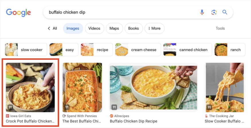 Google image search results for the query "buffalo chicken dip" and the first result is a recipe from Iowa Girl Eats.
