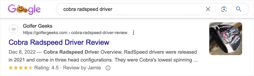 Image rich result example of the query "cobra radspeed driver" with a picture of it. 