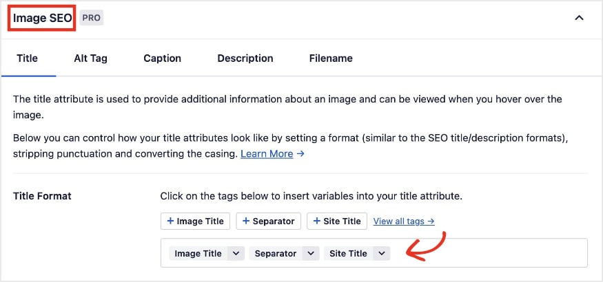 Settings in Image SEO to create automatic image title tags.