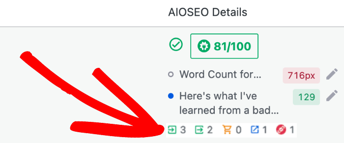 AIOSEO Details panel showing a score of 81/100, two bullet items, and a bottom row of small status icons with numbers 3, 2, 0, 1, 1.