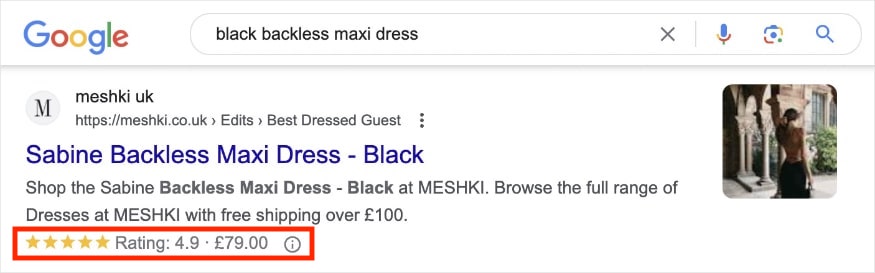 Review snippet on the SERP for MESHKI's backless maxi dress with 4.9-star ratings. 