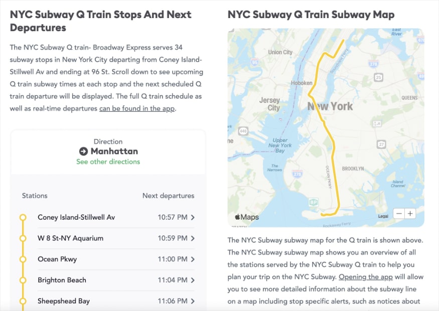 Transit NYC Subway Q train page uses a programmatic SEO template with description, route map, and stops.