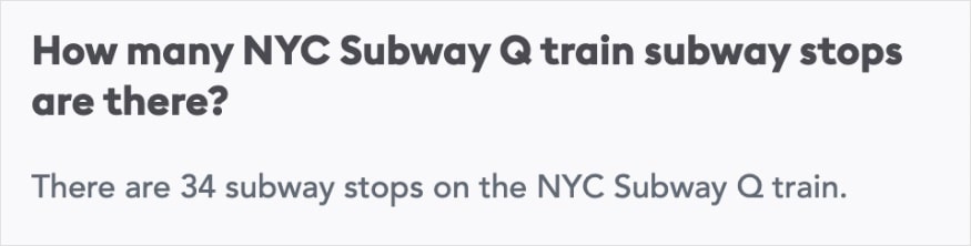 Transit FAQ for "how many NYC subway Q train subway stops are there?" followed by the answer of 34.