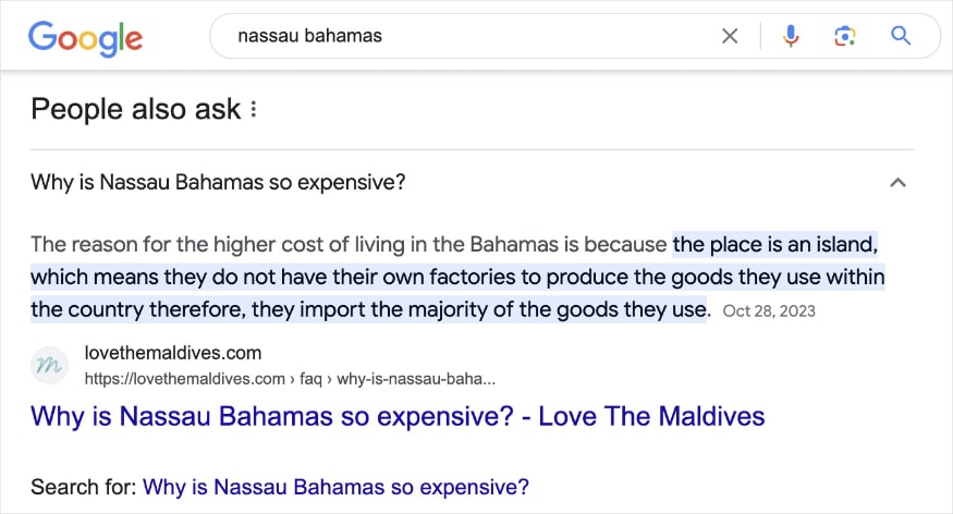 People also ask section of Google for the query "nassau bahamas" and an answer from Love the Maldives.