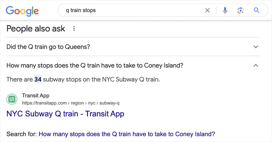 Google SERP for the query "q train stops" with an FAQ rich result from Transit.
