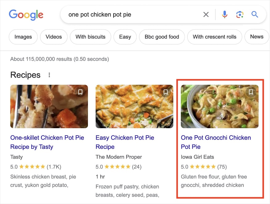 Recipe carousel on the SERP for the query "one pot chicken pot pie" featuring a recipe by Iowa Girl Eats.
