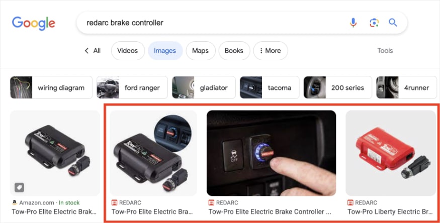 Google Images search results for the query "redarc brake controller" where 3 out of 4 images are from Redarc Electronics.