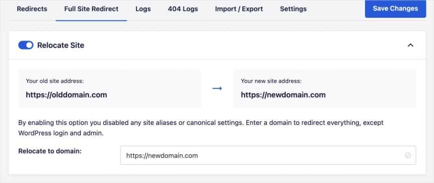 Redirection Manager allows you to perform a full site redirect by entering your old and new domains.