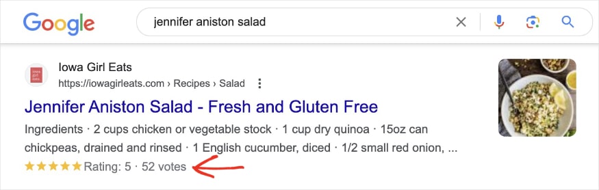 Google SERP with a review snippet for the query "jennifer aniston salad."