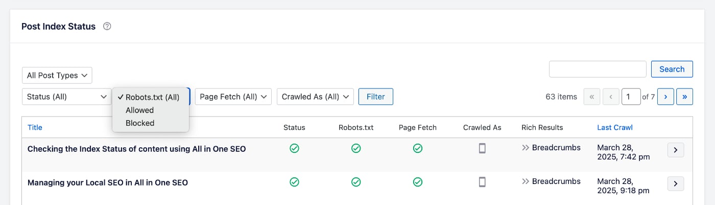 Filter by Robots.txt Allowed Status drop down in the Post Index Status table