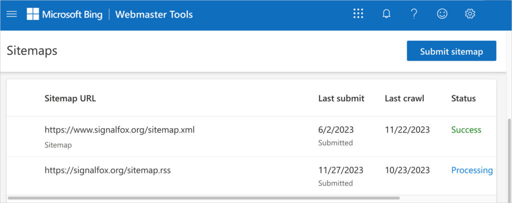 view of sitemaps in bing webmaster tools