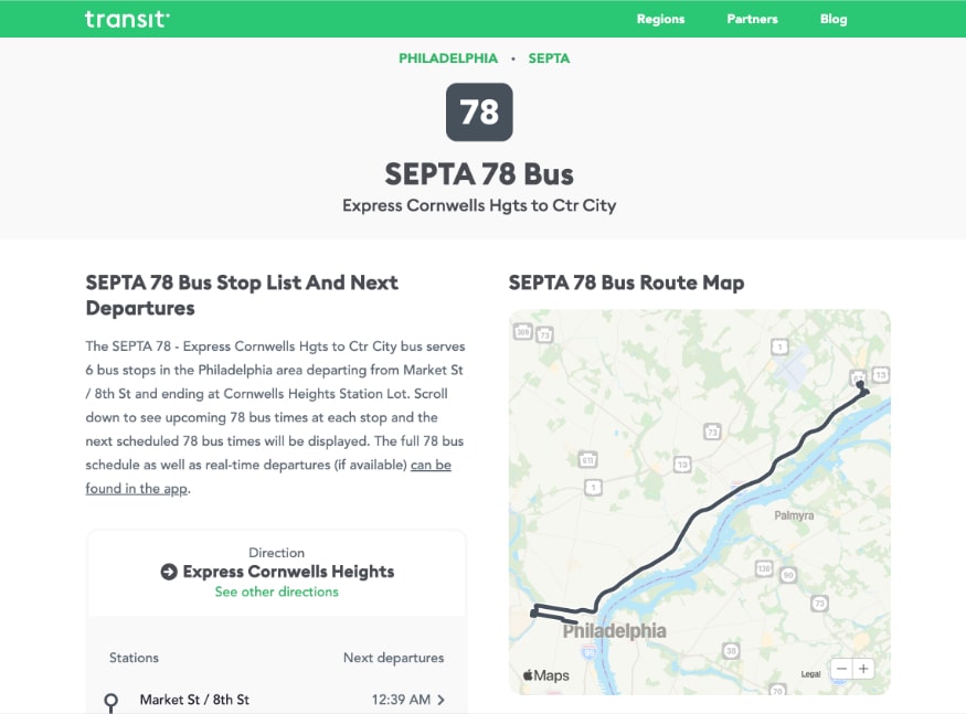 Landing page example of Transit's SEPTA 78 bus page, route map, and next departures.