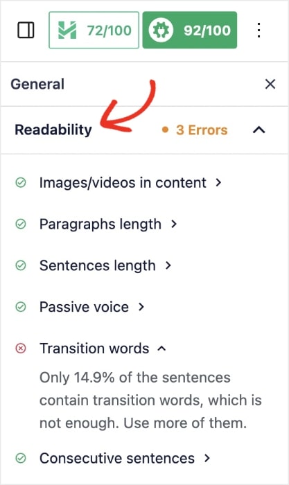 TruSEO Readability Checklist shows items that meet optimization standards and areas for improvement.