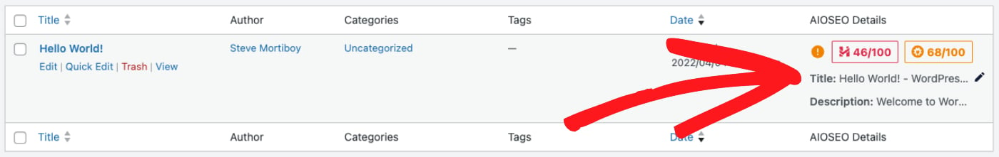 Pencil icon shown in the AIOSEO Details column on the All Posts screen