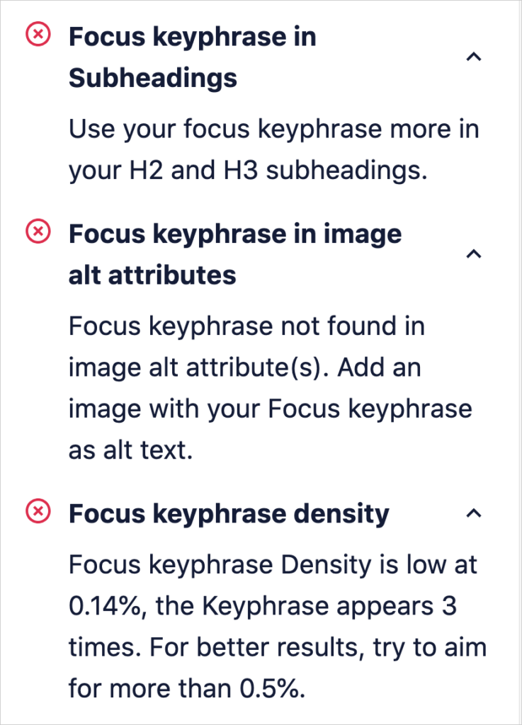 aioseo analysis of focus keyword use plus recommendations