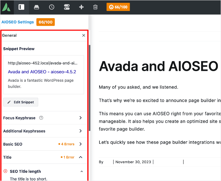 AIOSEO settings in Avada.
