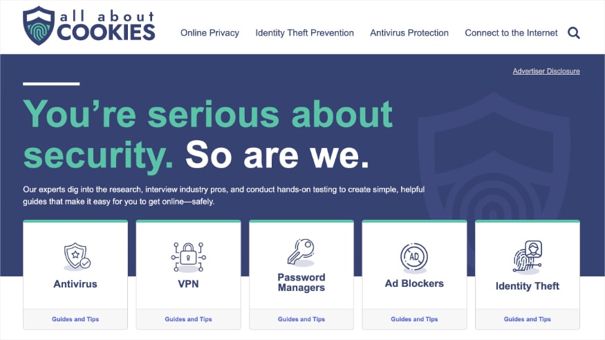 All About Cookies homepage, an online resource for online privacy and cybersecurity. 