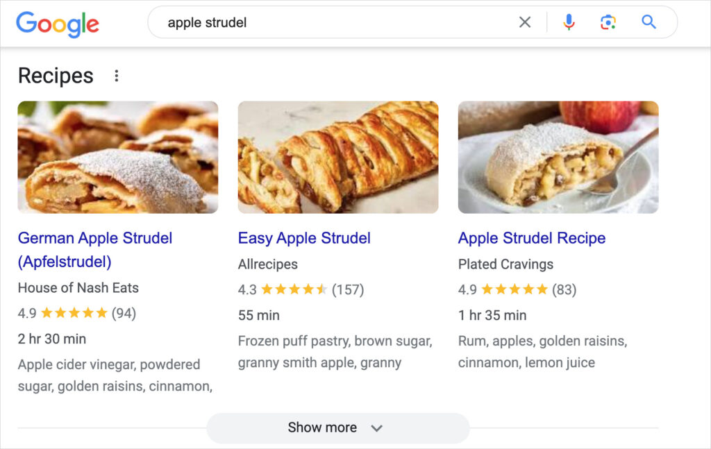 examples of recipe rich snippets