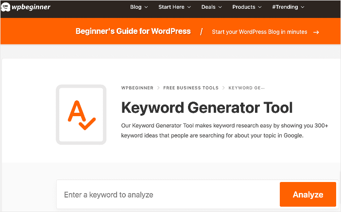 WPBebinner Keyword Generator home page.