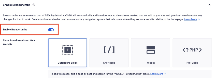 A toggle in AIOSEO settings allows you to enable breadcrumbs on your WordPress site.
