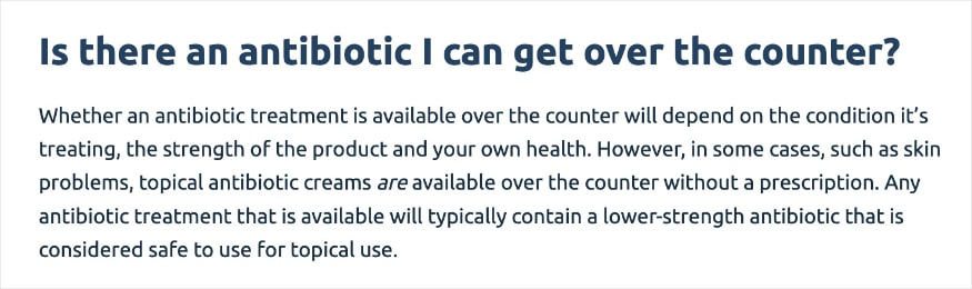 FAQ example for the question is there an antibiotic I can get over the counter. 