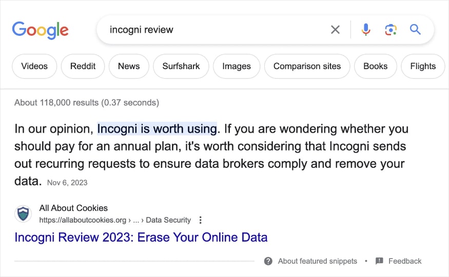 Google featured snippet for the query "incogni review" and a result from All About Cookies saying it is worth using.