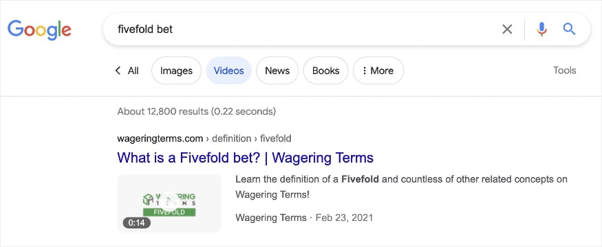 Google video search results for the search query "fivefold bet" and it shows a definition video from Wagering Terms.