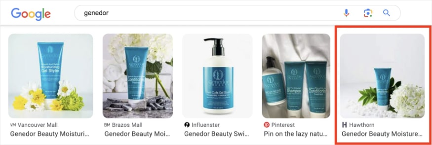 Google image results for the search query "genedor" shows a Hawthorn result with image of the moisturizer.