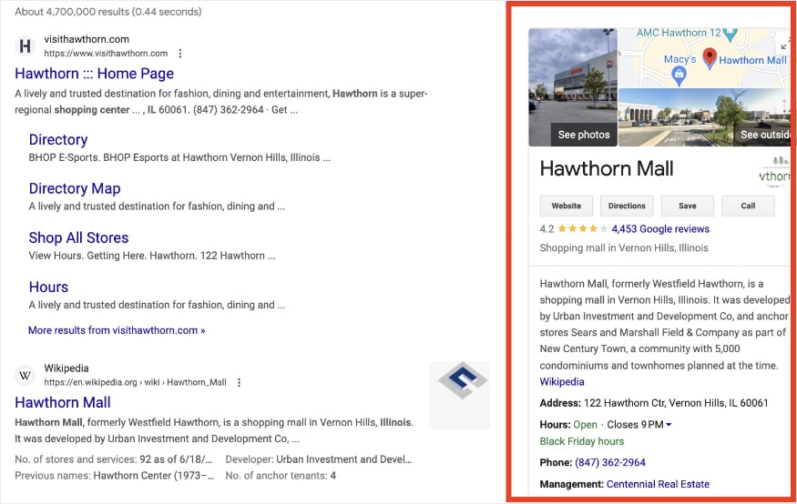 Knowledge panel on Google SERP for Hawthorn Mall shows a map, photos, ratings, hours, contact info, and more.