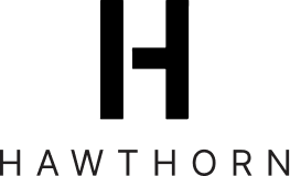 Hawthorn logo, stylized H over Hawthorn in black letters.