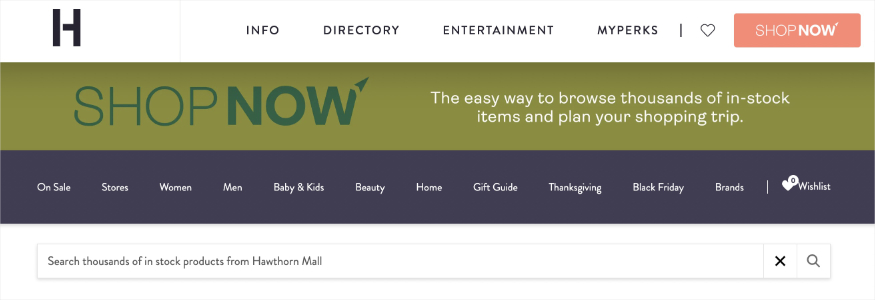 Shop Now! eCommerce platform on Hawthorn Mall's website allows users to shop online.