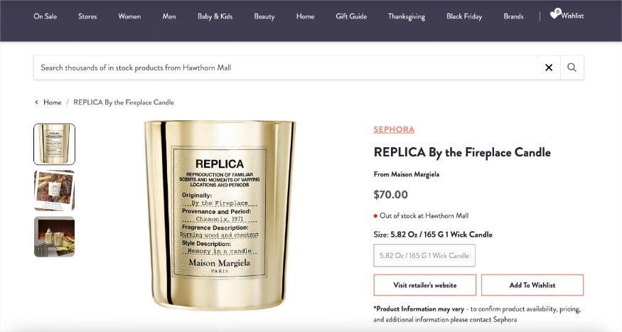 Shop Now! landing page example of a REPLICA candle at Sephora with out of stock notice at Hawthorn Mall.