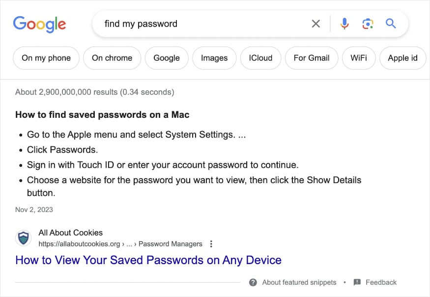 Featured snippet shows how to find saved passwords on a Mac directly on the SERP.
