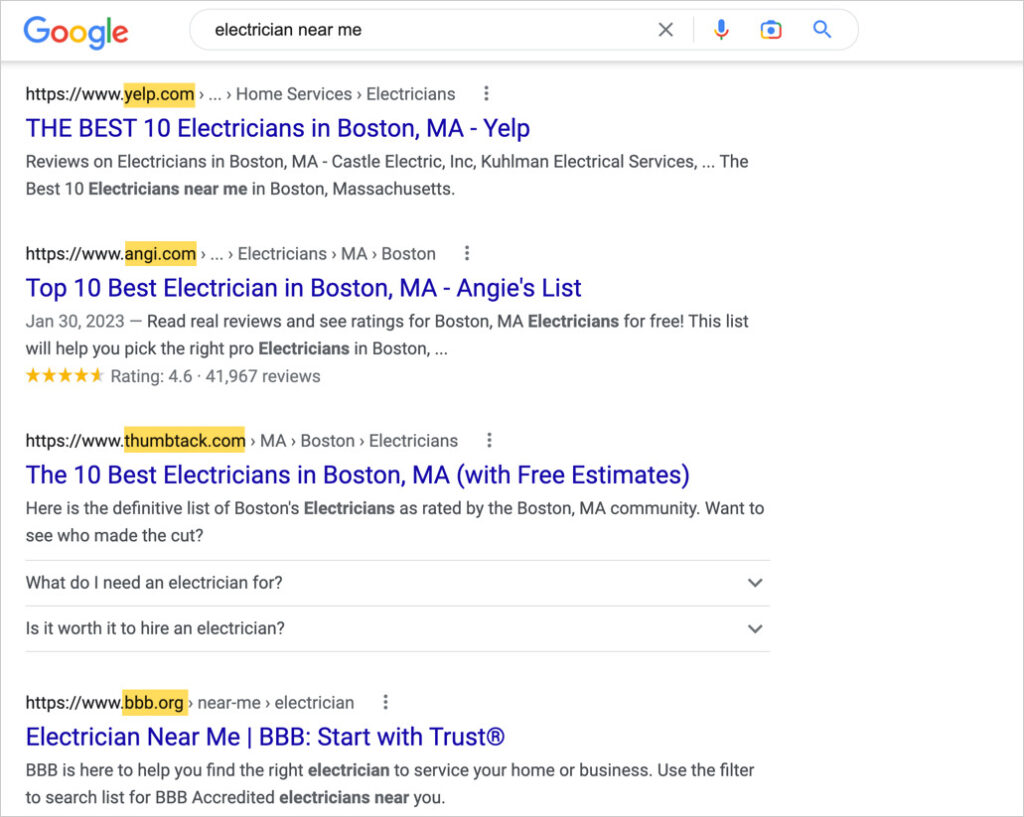 business directory listings example in search results